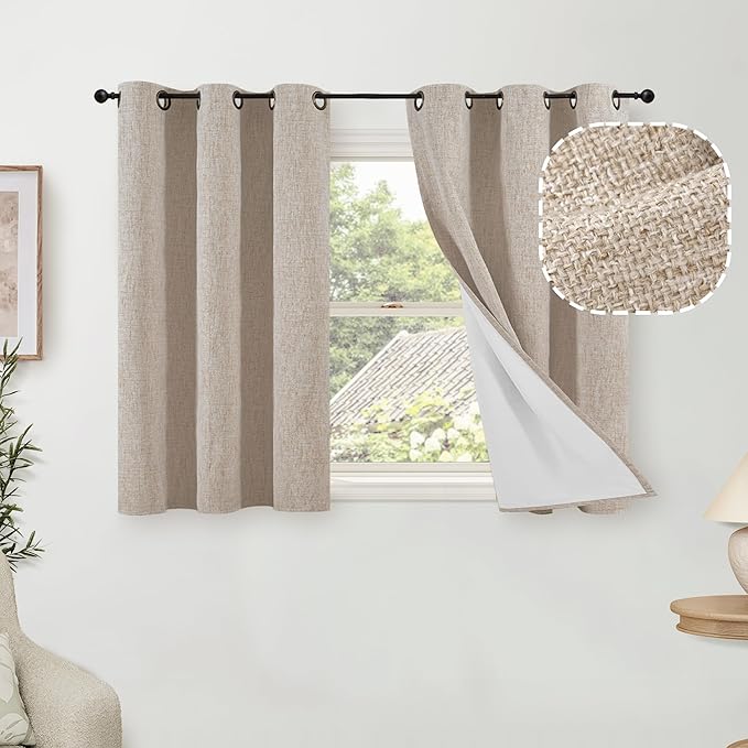 40 Inch Length Linen Blackout Curtains for Short Cafe Window, Thermal Insulated Light Blocking Soundproof Privacy Burlap Curtains 2 Panels, Each 38 Inch Wide Beige