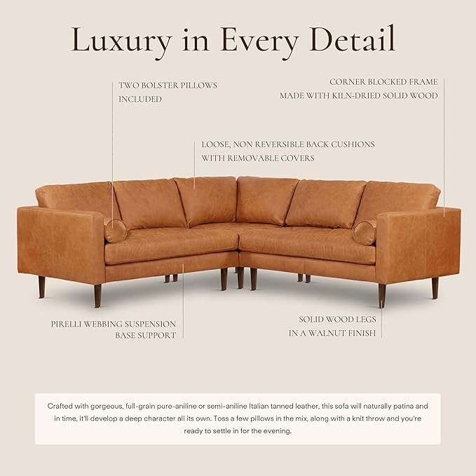 Poly & BARK Napa 98” Leather Corner Sectional Sofa – Full-Grain Italian-Tanned Aniline Leather, Feather-Down Comfort, Solid Wood Frame – Cognac Tan