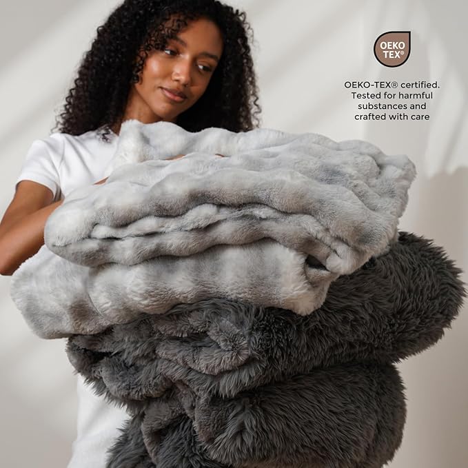Mon Chateau 60" x 70" Crest Faux Fur Throw, Plush Luxury Blanket for Couch, Sofa, or Bed, Soft Reversible Throw Blanket for Sleeping, Home & Room Decor, Fog Stone