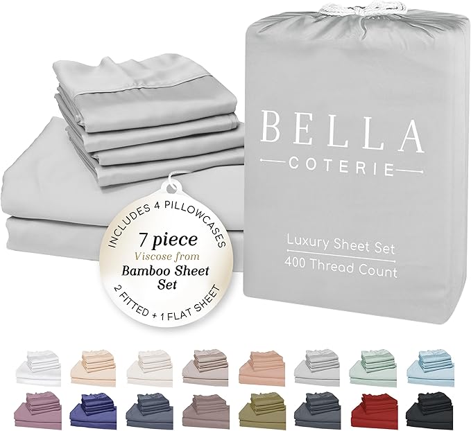 Bella Coterie 7 Piece Luxury Bamboo Viscose Split King Size Sheet Set | 2 Fitted Sheets for Adjustable Beds | 100% Organically Grown | Cooling for Hot Sleepers | 4 Pillowcases [Grey Mist]