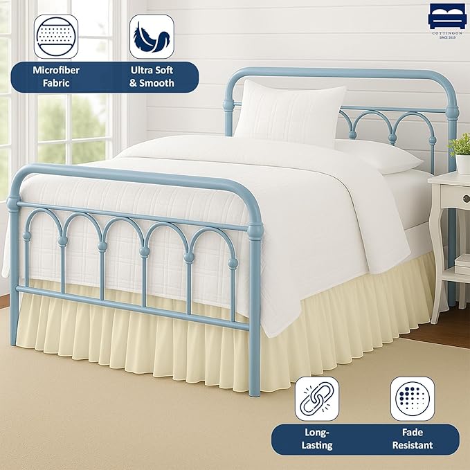 Cottingon Ruffled Bed Skirt with Split Corners-Dust Ruffle - 14" Drop 100% Microfiber Soft,Sheen & Luxurious Look - Bed Skirts (Ivory -Twin)