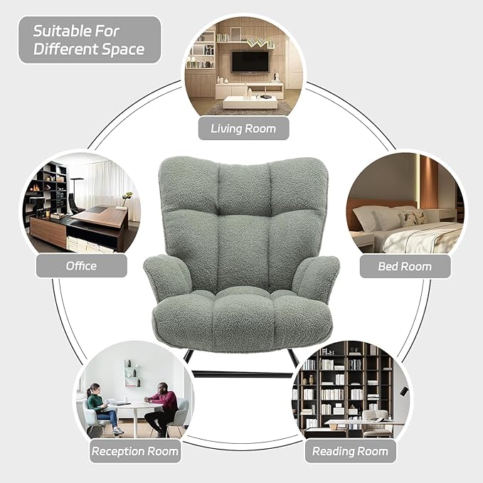 Rocking Chair Nursery Teddy Upholstered Glider Rocker Rocking Accent Chair Padded Seat with High Backrest Armchair Comfy Side Chair for Living Room Bedroom Offices (Light Green Teddy)