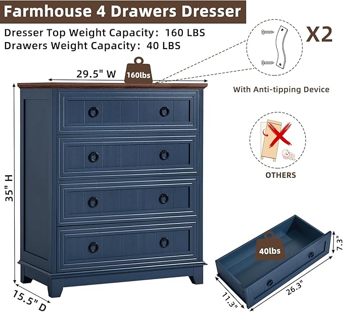 Farmhouse 4 Drawer Dresser for Bedroom, 35" Tall Small Dressers & Chest of Drawers, Rustic Wood Dresser with Metal Handle, Storage Organizer Closet for Living Room, Hallway, Entryway