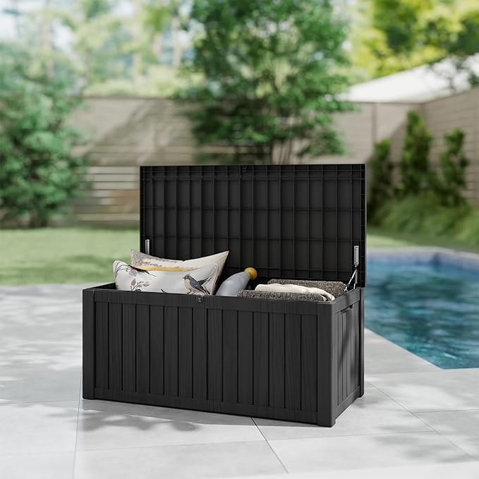 150 Gallon Resin Deck Box, Waterproof Outdoor Storage Box, Lockable for Patio Furniture, Garden Tools, Pool Accessories, UV-Resistant for All Weather Use, Black