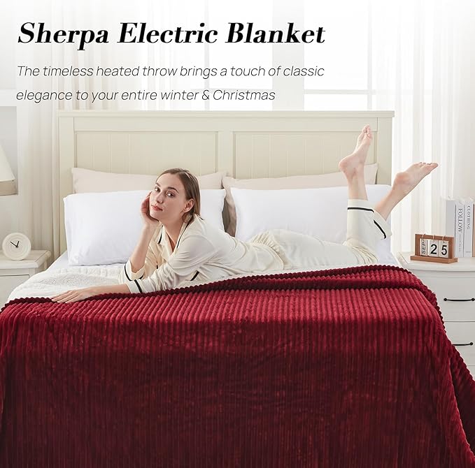 Westinghouse Queen Size Electric Blanket, Flannel to Sherpa Reversible, Heated Blanket Queen with Dual Control 10 Heating Settings & 1-12 Hours Auto Shut Off, Machine Washable, (84" x 90", Red)
