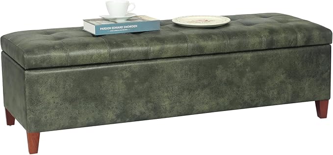 Joveco Storage Ottoman Bench, 51 Inch Tufted Leather Rectangle Bench for End Foot of Bed, Bedroom, Living Room, Deep Green