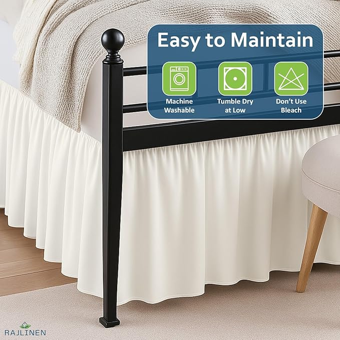 Rajlinen Ruffled Bed Skirt King, 10 Inch Drop Dust Ruffle with Split Corners, 100% Microfiber Bedskirt with Platform, Three-Sided Coverage Ruffled Gathering Design, Ivory