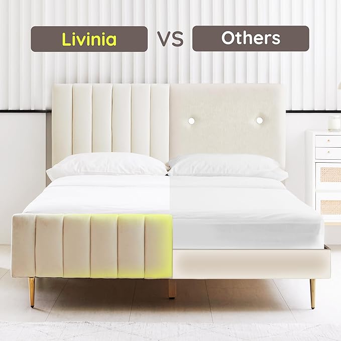 Livinia King Size Elton Velvet Platform Bed, Upholstered Bed Frame with Vertical Channel Tufted Headboard Footboard, Strong Wood Slats, No Box Spring Needed, Ivory (King)