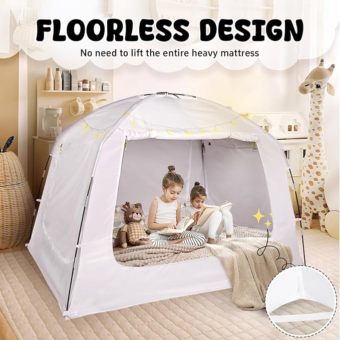 Bed Tent Bed Canopy Queen Size for Kid and Adults 100% Breathable Tents 4 Doors 80% Blackout - Indoor Portable Sleeping Tents Privacy Large Space with String Light