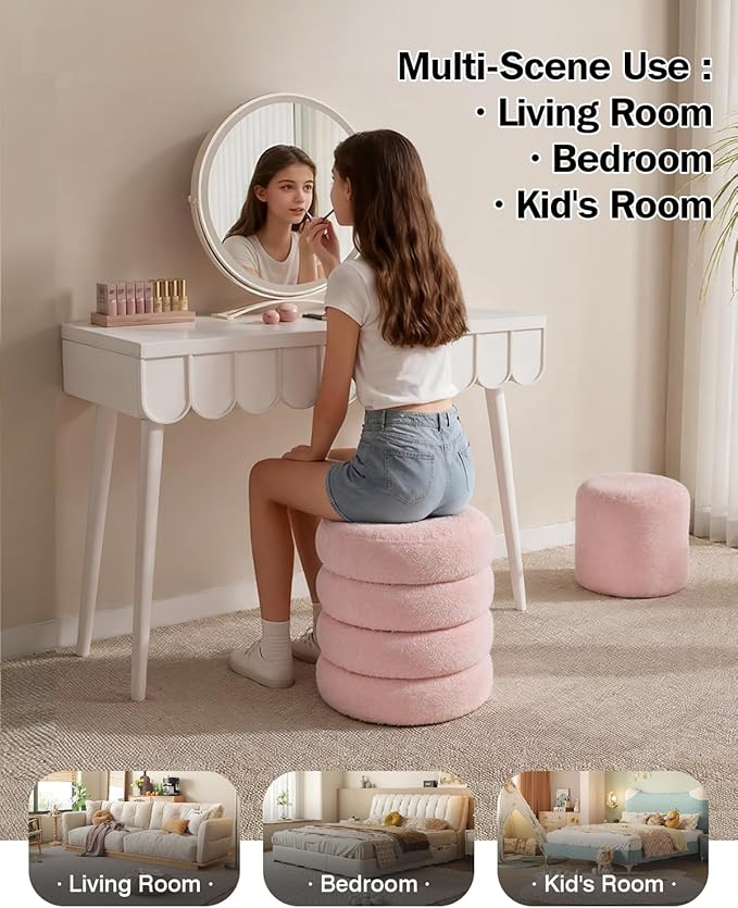 Round Set of 2 Sherpa Storage Ottoman Stool Boucle Vanity Stool Footstool with Removeable lid Load up to 440 lbs for Livingroom Bedroom Pink UASND68P