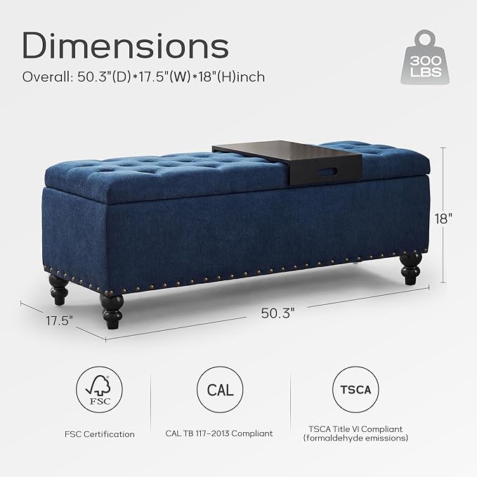 HUIMO 51-inch Storage Ottoman Bench with Removable Tray, Bedroom Bench with Button-Tufted, Safety Hinge Ottoman in Upholstered Fabrics, Large Long Bench for Living Room, Bedroom (Bule)