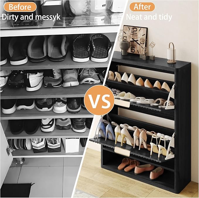 Fluted Shoe Cabinet Storage with 2 Flip Drawers, Narrow Shoe Storage Organizer for Entryway, Hidden Slim Wooden Shoe Rack Cabinet for Front Door Entrance, Hallway, Living Room (2-Drawer, Black)
