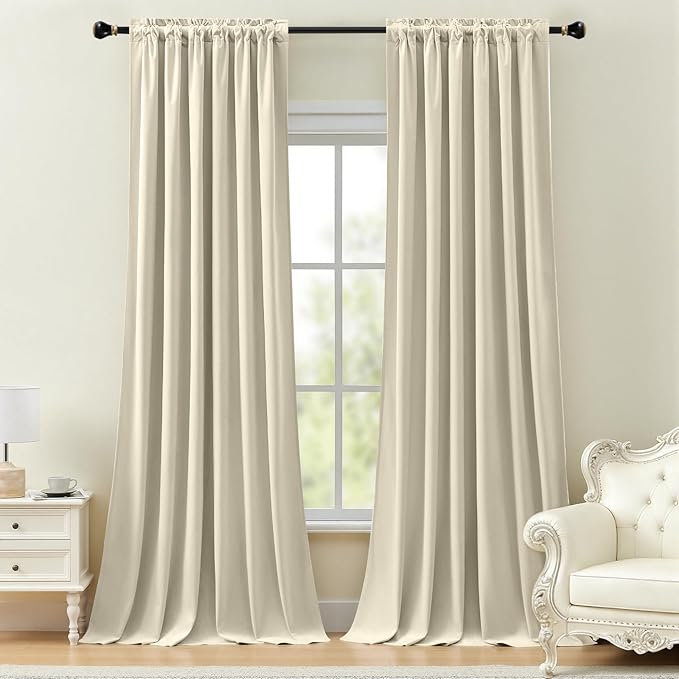 Velvet Curtains 102 Inches Long for Bedroom, Room Darkening Thermal Insulated Soundproof Curtain Solid Soft Elegant Window Drapes for Living Room, Back Tab Rod Pocket, Ivory, W52 x L102, 2 Panels