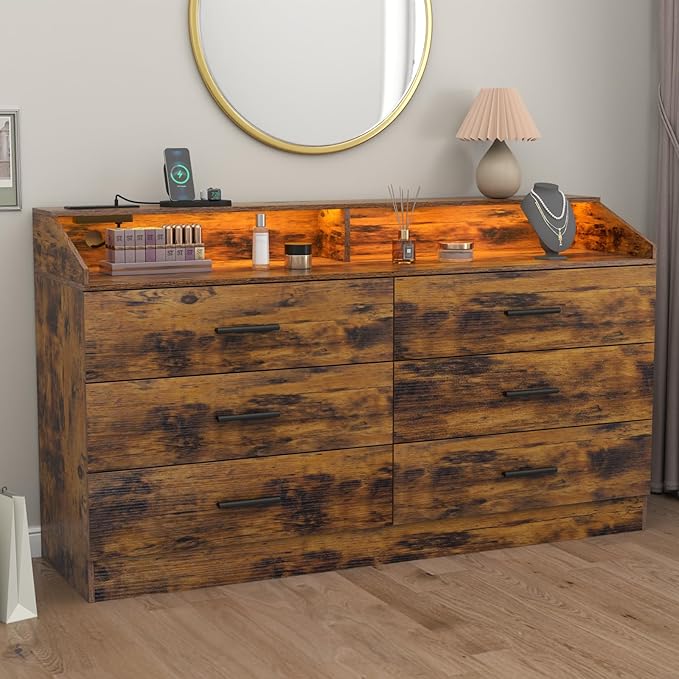 6 Drawer Dresser with Power Outlet, Chest of Drawers with LED Light, Modern Dresser with Open Storage Cubby, Double Wide Dressers Organizer for Bedroom, Living Room, Entryway, Hallway