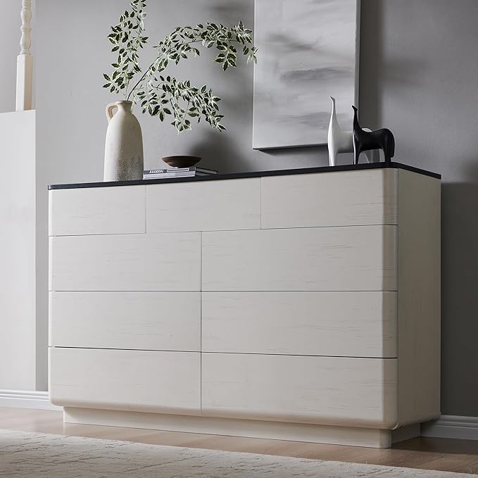 ACCOHOHO Modern 9 Drawer Dresser for Bedroom, 52" Wide Wooden Dressers with Large Storage,Handleless Chest of Drawers TV Stand for Living Room & Hallway, Curved Profile Design, White