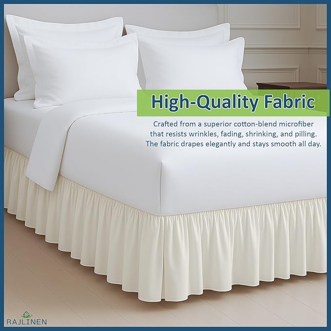 Rajlinen Ruffled Bed Skirt Queen, 24 Inch Drop Dust Ruffle with Split Corners, 100% Microfiber Bedskirt with Platform, Three-Sided Coverage Ruffled Gathering Design, Ivory