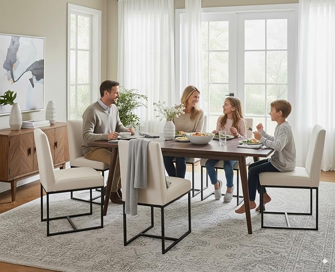 CIMOTA Modern Linen Dining Chair Set of 4, Mid Century Dining Room Chairs Fabric Upholstered Armless Side Chair with Black Sled Base for Dining Room, White Cream 4PCS