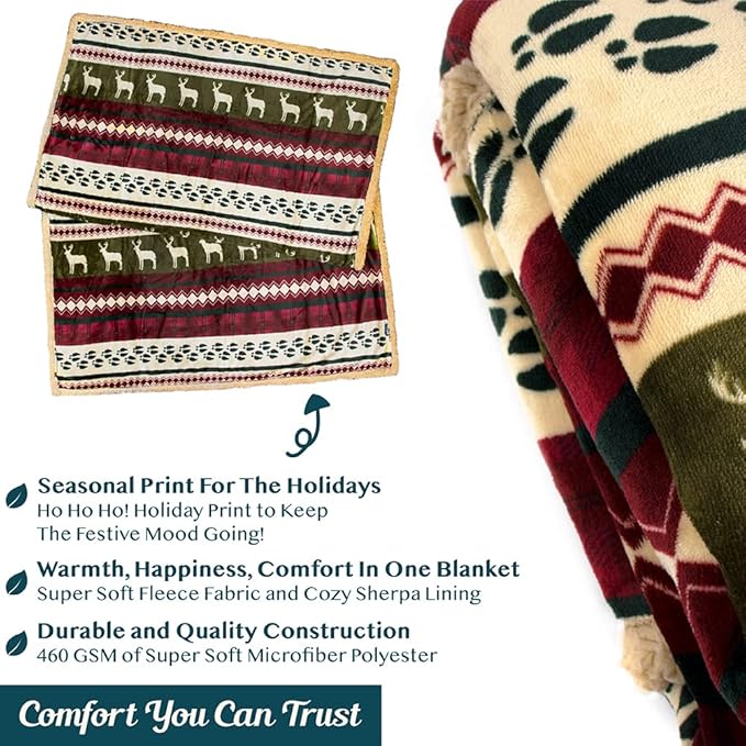 PAVILIA Premium Christmas Blanket Sherpa Fleece Throw Twin| Plush Christmas Decoration, Reindeer, Cozy Reversible Winter Holiday Cabin Blanket for Sofa Couch 60x80