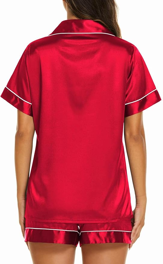 Ekouaer Silk Pajamas for Women Short Sleeve Sleepwear Soft Button Down Loungewear 2 Piece Satin Pjs Shorts Set