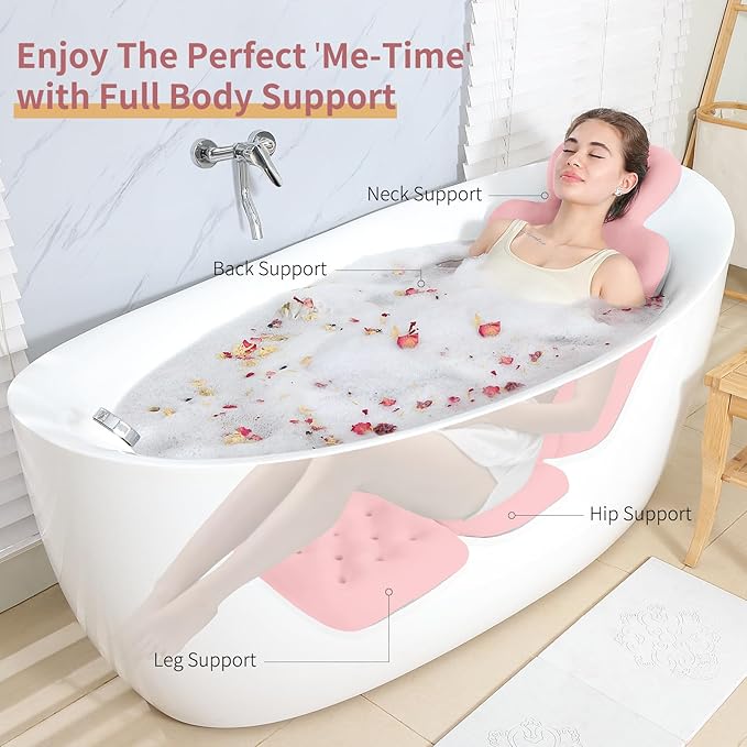 Bath Cushion, Full Body Bathtub Pillow with 160 Suction Cups, Bath Mat for Head and Neck Support, with Laundry Bag (Light Pink, 56.2" x 16.2")