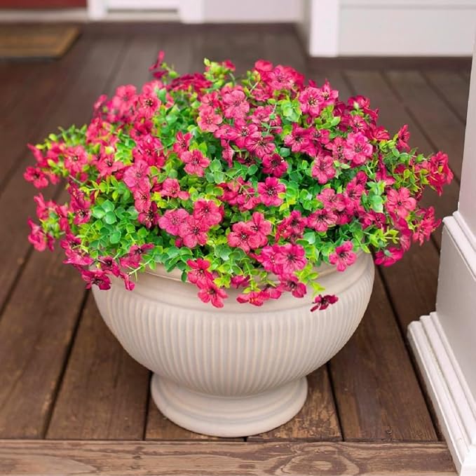 HyeFlora Artificial Flowers for Outdoor Indoor Garden Home Decoration, Faux Flower Daisy with Eucalyptus Leaves Fake Plants Greenery Boxwood Porch Patio, 12 Bundles (Rose Red)