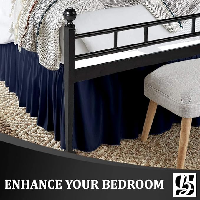 SKY BEDDINGS - Queen Size Ruffled Bed Skirt with Split Corners - 18 Inch Drop Dust Ruffle Bed Skirt with Platform Three Sided Coverage - 100% Microfiber, Navy Blue