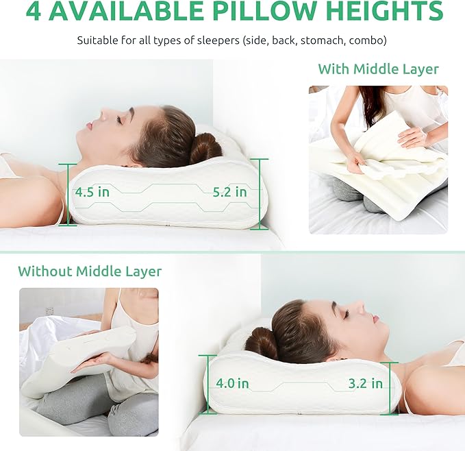 UTTU Cervical Pillow for Neck Strain Relief, Memory Foam Neck Pillow for Sleeping, Adjustable Orthopedic Sandwich Pillow, Contour Cooling for Side Back Stomach Sleeper, Large(27.6"×15.7"×5.2"/4.5")