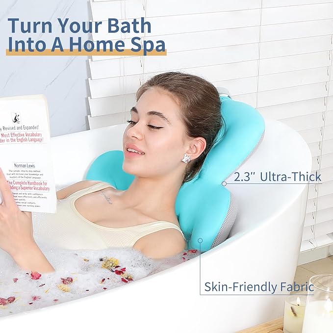 Luxury Bath Cushion, Full Body Bathtub Pillow with 160 Suction Cups, Bath Mat for Head and Neck Support, with Laundry Bag (Blue, 60.2" x 16.2")