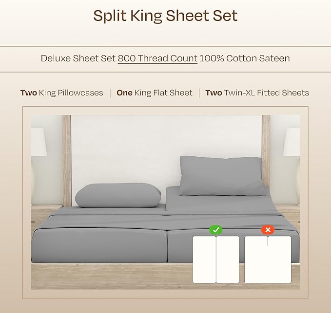 California Design Den Split King Sheets for Adjustable Bed - Buttery Soft 800 Thread Count, 100% Cotton Set, Sateen Bedding Set, Durable Twin XL Fitted Sheets - Light Grey