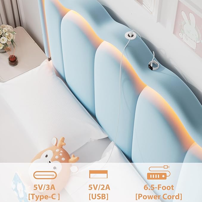 Velvet Upholstered King LED Bed Frame with 2 Storage Drawers and Adjustable Chic Double Wavy Headboard, Princess Platform Bed with Charing Station, Solid Wood Slats Support,No Box Spring Needed,Blue