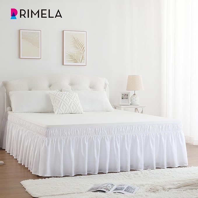 RIMELA White Bed Skirt King Size 15 Inch Drop, Elastic Bed Skirting for Bed Base and Frame, Bedding Dust Ruffle, Lightweight Wrap Around Adjustable Bedskirt, Cal King