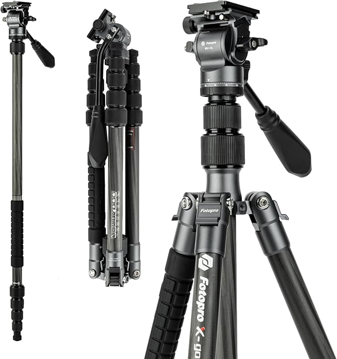 Fotopro 59" Carbon Fiber Travel Tripod, Compact Video Tripods with Fluid Head, Detachable Monopod with Quick Release Plate and Bag, Camera Tripod Load up to 8KG/17.63lbs