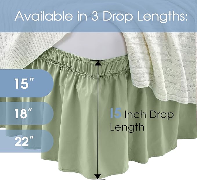 FreshCulture Twin Bed Skirt, Elastic Wrap Around Bed Skirt Twin Bed, Easy Fit with 15-Inch Tailored Drop, Hotel Quality Bed Skirts for Adjustable Bed (Sage Green)