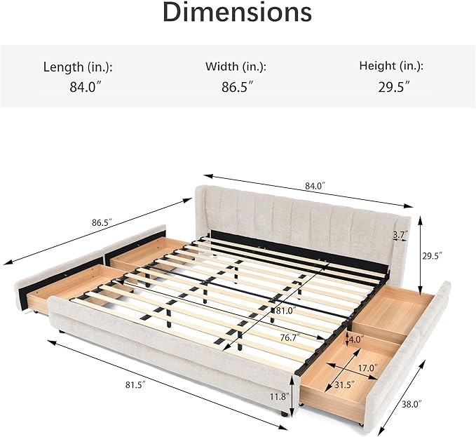 DEINPPA King Size Bed Frame with 4 Storage Drawers and Cloud Soft Headboard, Chenille Upholstered Grounded Wood Base Bed Frame, No Box Spring Needed-Beige