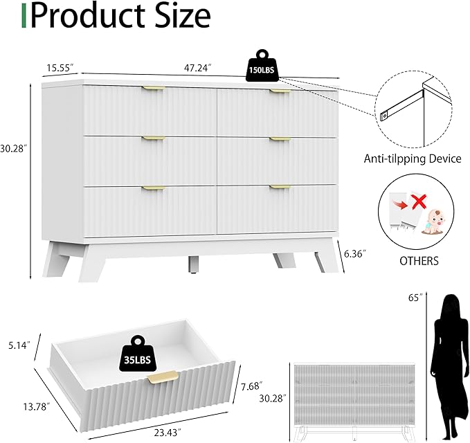 Fluted Dresser for Bedroom with 6 Drawers, 48" Wide Modern Chest of Drawers with Metal Handle, Wooden Dresser TV Stand, Wood Closet Clothes Storage Drawer Organizer for Living Room, Hallway, White