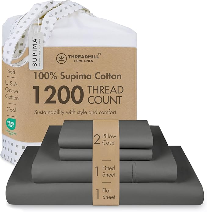 Threadmill Luxury 100% Supima Cotton Sheets, Luxury 1200 Thread Count Cotton Sheets for Queen Size Bed, 4 Pc Dark Grey Bed Sheets Queen Set, 5-Star Hotel Quality Elasticized Deep Pocket Bed Sheets Set