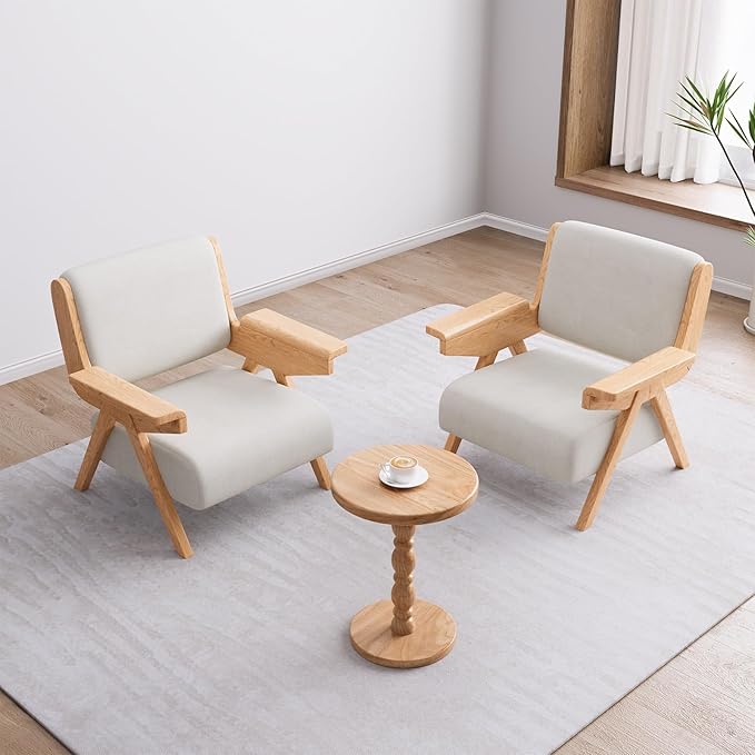Accent Chair Mid Century Modern Chair, Velvet Upholstered Lounge Arm Chair with Solid Wood, Cozy Reading Chair for Living Room, Bedroom, Balcony(White)