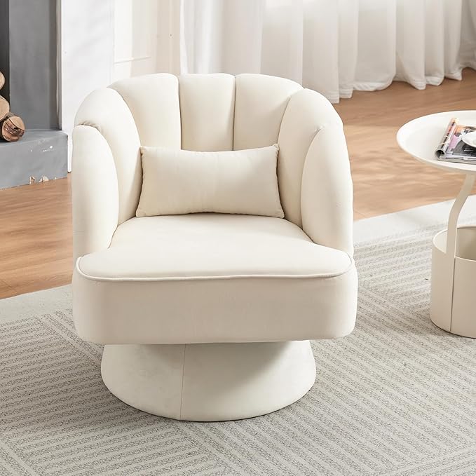 GarveeHome Modern Swivel Barrel Accent Chair, 360 Degree Velvet Upholstered Armchair with Striped Backrest & Plush Padding, Comfy Round Lounge Chair for Living Room, Bedroom, Reading Nook, Beige