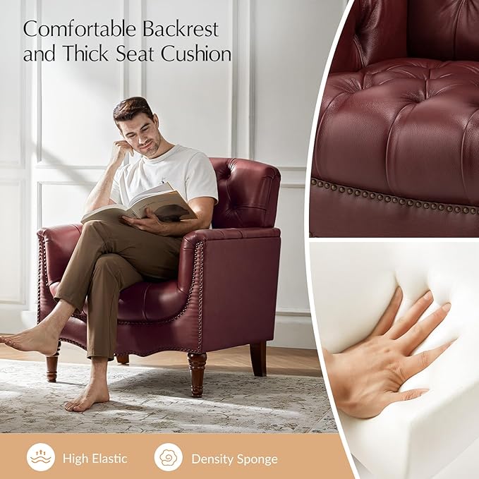 HULALA HOME Mid Century Modern Leather Club Chairs, Top-Grain Genuine Leather Armchairs with Button-Tufted Back & Solid Wood Legs, Accent Chairs for Living Room/Bedroom/Home Office, Burgundy
