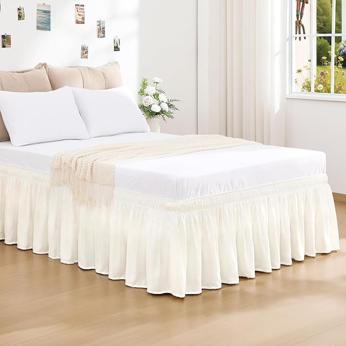 RIMELA Cream White Bed Skirt King Size 18 Inch Drop, Wrap Around Elastic Bedskirt, Dust Ruffle for Adjustable Bed Base Machine Washable Easy to Install Bed Skirts