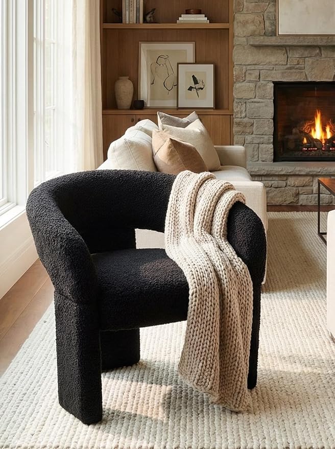 LukeAlon Modern Sherpa Accent Chair Barrel Back Armchair, Upholstered Lounge Chair for Living Room, Bedroom, Office, Waiting Rooms, Black