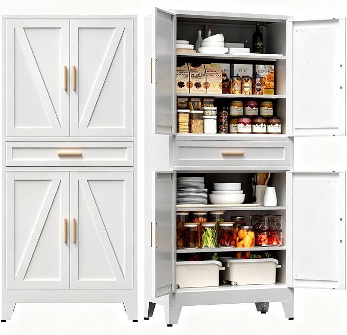 COFaR 71" Tall Kitchen Pantry, Farmhouse Storage Cabinet with Doors and Shelves, Metal Cabinet with Drawers and Legs, for Cupboard/Dining Room/Bathroom/Living Room/Office/Laundry Room (White).