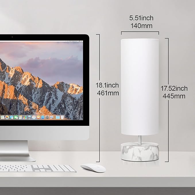 Touch Table Lamp with Metal Base Covered with Marble Grain, 3 Way Dimmable Modern Bedside Nightstand Lamp with White Shade, Simple Night Light for Bedroom Living Room Home Office, LED Bulb Included