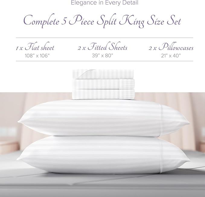 Carressa Linen Striped Split King Sheets Sets for Adjustable Bed - 100% Egyptian Cotton 600 Thread Count 5 PC Top Split King Sheet (White), 16" Deep Pocket Soft Cooling Luxury Hotel Damask Sheets