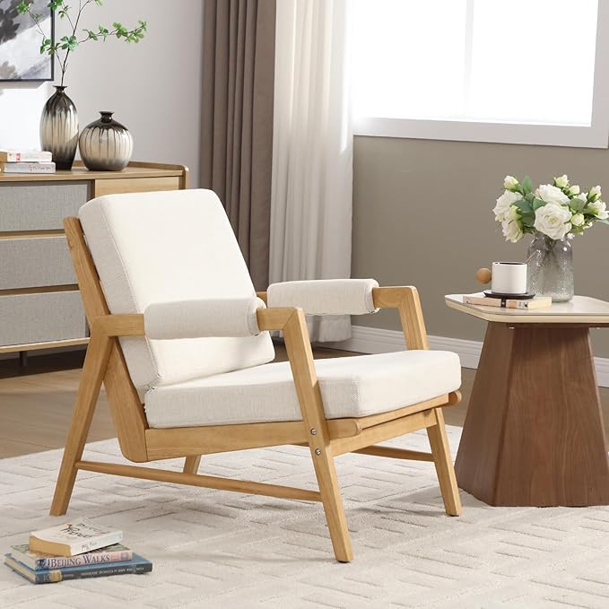 HEAH-YO Modern Accent Chair, Upholstered Linen Fabric Living Room Chair with Wooden Frame, Comfy Armchair with Thick Cushion for Bedroom Balcony, Beige