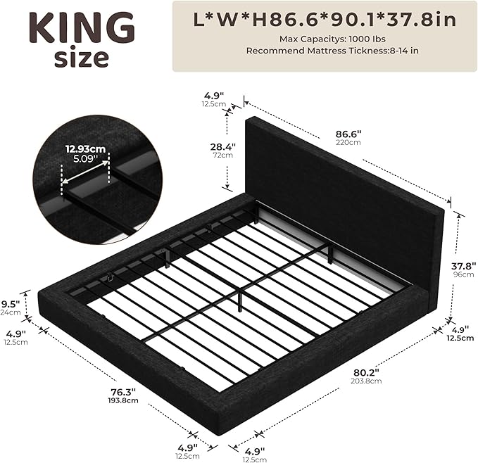RECCI Cloud Upholstered King Bed Frame with Headboard, 5 Inch Foam Padded Platform, No Box Spring, Easy Assembly (Onyx Black)