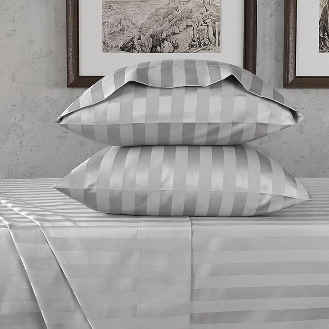 URBANHUT 800 Thread Count 100% Cotton Damask Full Size Sheets, 4 Piece Striped Full Size Bedsheets, Luxury Hotel Sheets Sateen Weave - Better Than Egyptian, 16" Elasticized Deep Pocket- Silver Grey