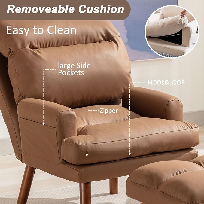 INZOY Accent Chairs with Ottoman, Velvet Fabric Armchair with Ottoman for Bedroom Living Room, Mid Century Modern Chair with Adjustable Backrest and Side Pockets, Camel