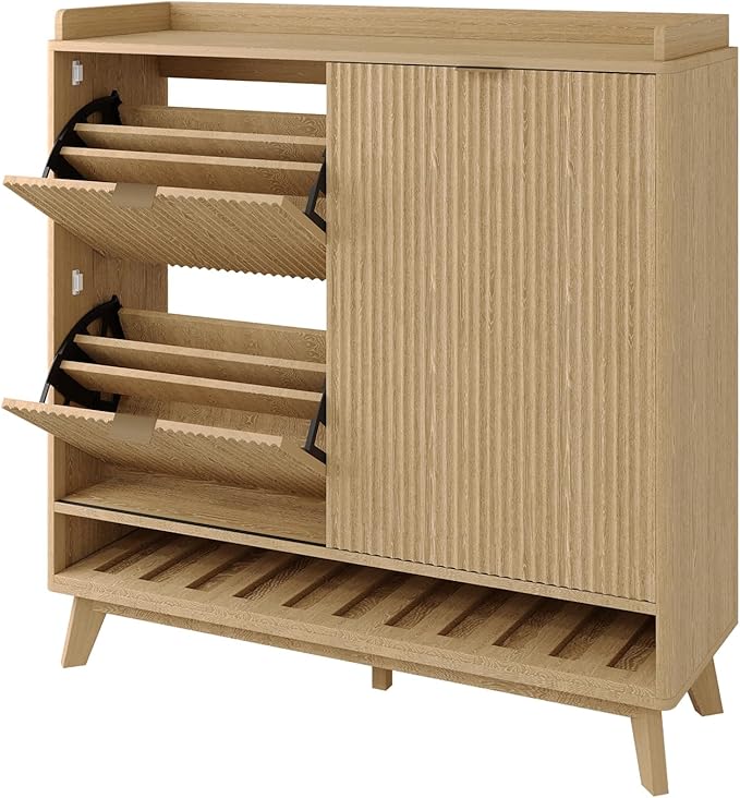 IDEALHOUSE Fluted Shoe Cabinet Storage with 2 Flip Drawers & Sliding Door & Adjustable Shelf Rack，Freestanding Wood Narrow Hidden Shoe Organizer for Entryway, Hallway, Living Room