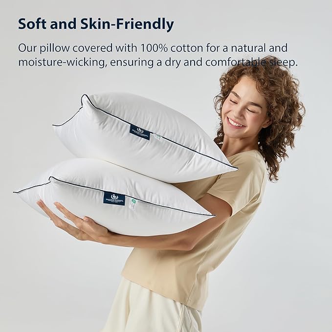Pacific Coast Bed Pillow, Hotel Goose Feather and Down Pillow for Sleeping, 3-Chamber Pillow with High Thread Count 100% Cotton Shell, Queen Size